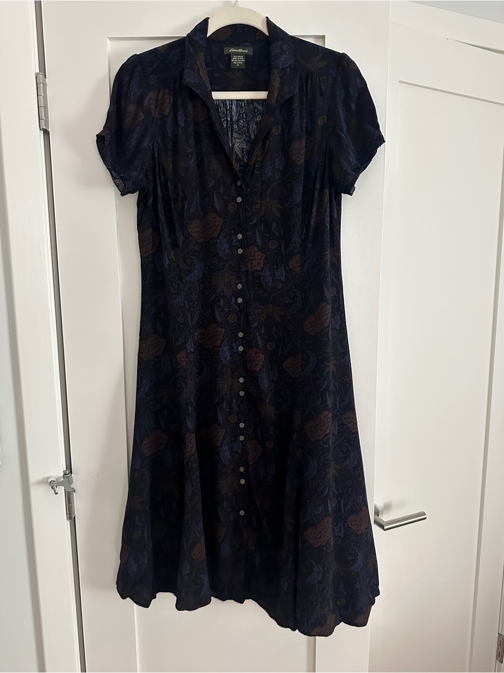 Eddie Bauer Navy and Brown Floral Button-Front Midi Dress